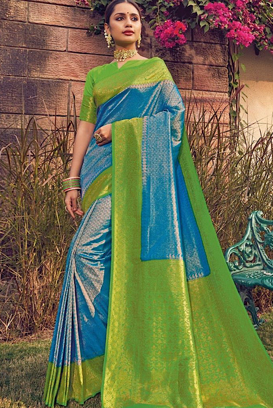 Azure Blue With Green Woven Kanjivaram Silk Saree