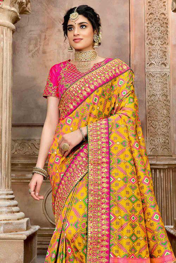 Pineapple Yellow Patan Patola Saree With Mirror, Katli & Katdana Work