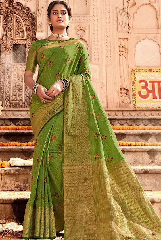 Jungle Green Banarasi Chanderi Woven Silk Saree With All Over Embroidery Butta