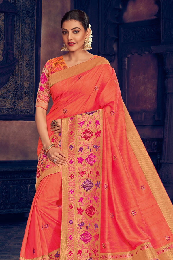 Coral Peach Woven Paithani Saree