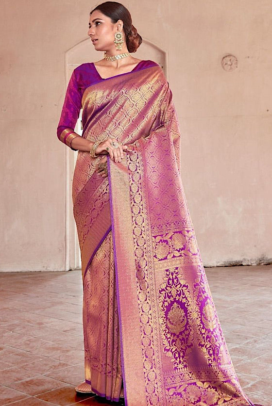 Purple Kanjivaram Silk Saree With Swaroski Work