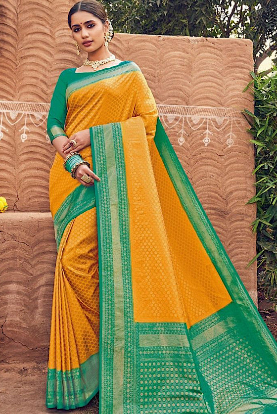 Honey Yellow With Pine Green Woven Kanjivaram Silk Saree