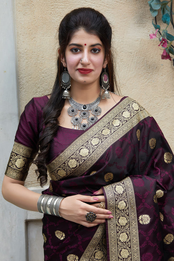 Burgundy Wine Zari Woven Satin Katan Banaras Saree