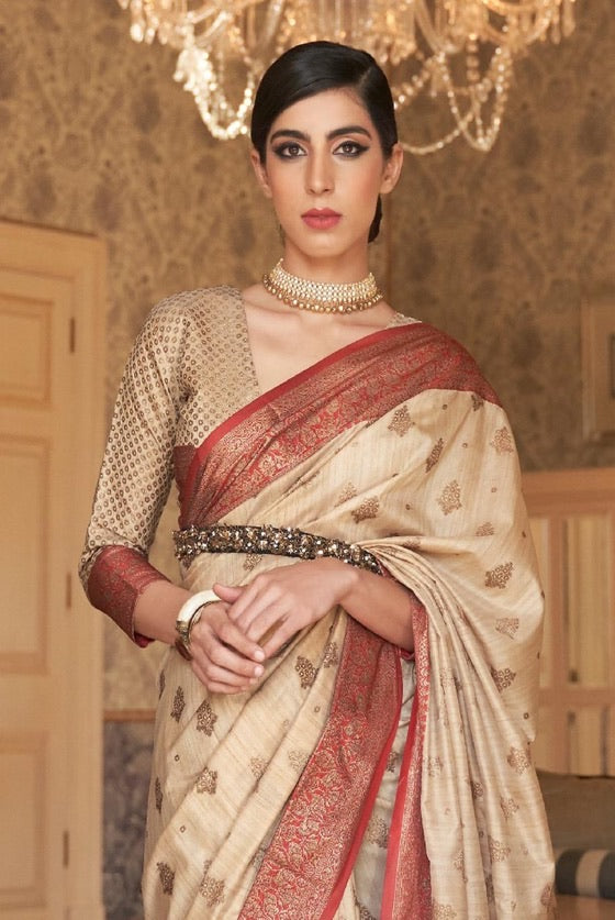 Half  White Woven Banarasi Tussar Silk Saree With Brocade Blouse