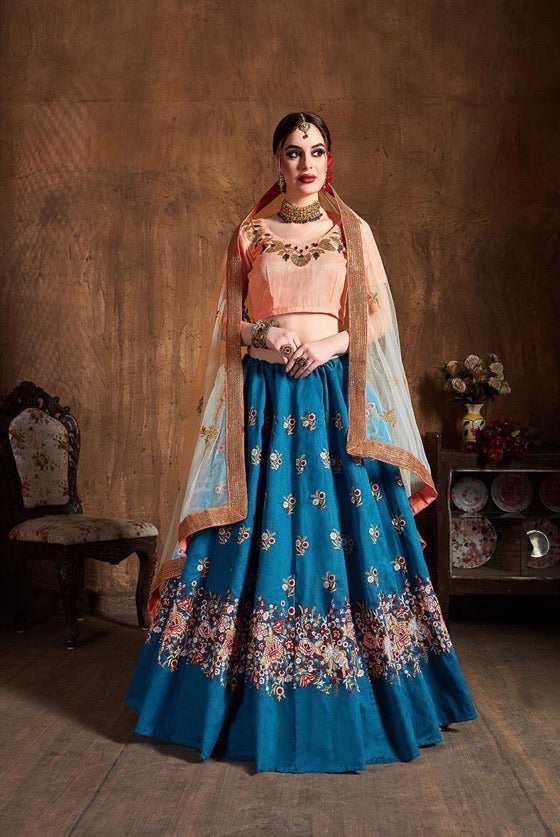 Peacock Blue Silk Lehanga