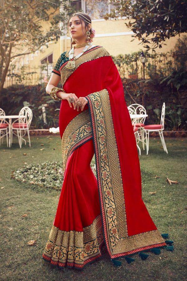 Beautiful Crimson Red Zari Woven South Silk Saree