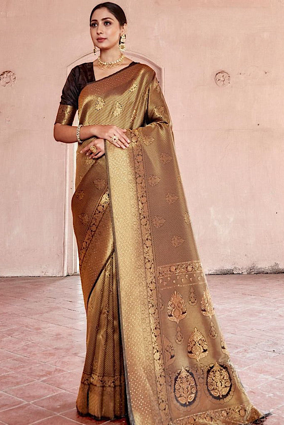 Coffee Brown  Kanjivaram Silk Saree With Swaroski Work