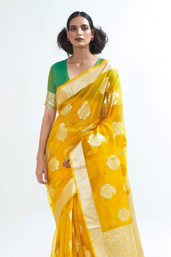 Tuscany Yellow Zari Woven Organza Silk Saree.