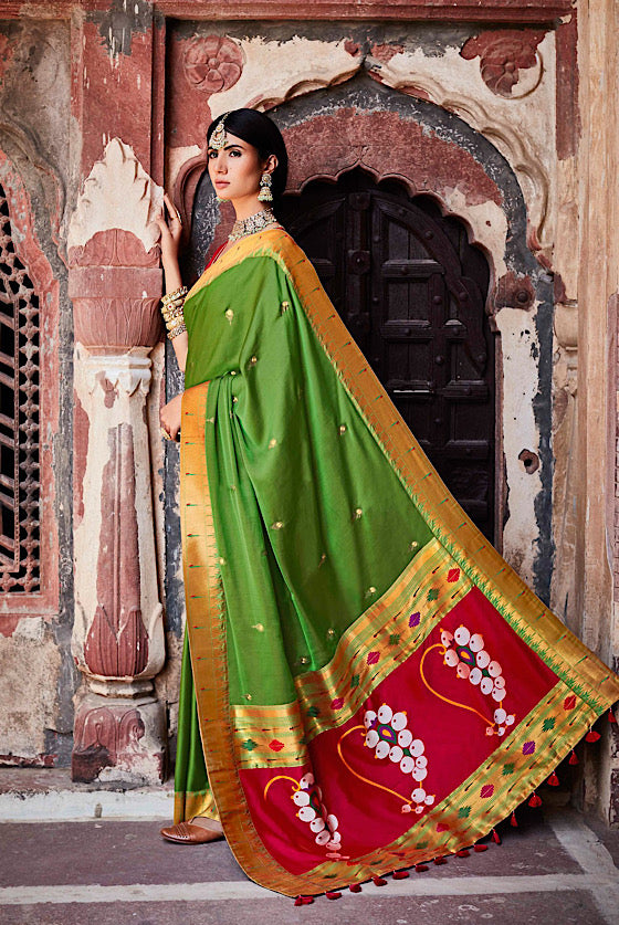 Leaf Green Woven Paithani Border South Silk Saree