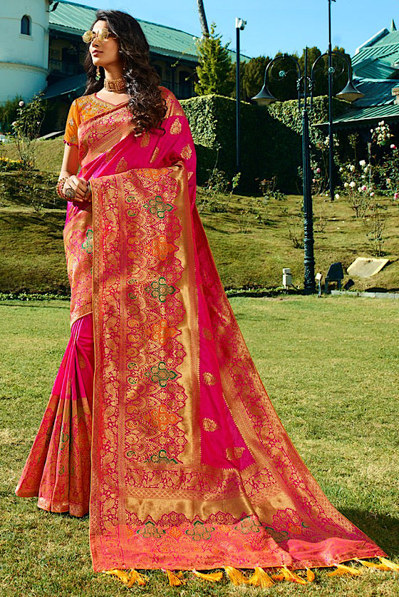 Rani Pink Woven Silk Saree With Heavy Embroidery Blouse