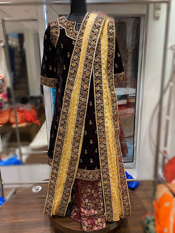 Wine & Golden Exclusive Velvet Georgette Khadadupatta  With Stone Borders