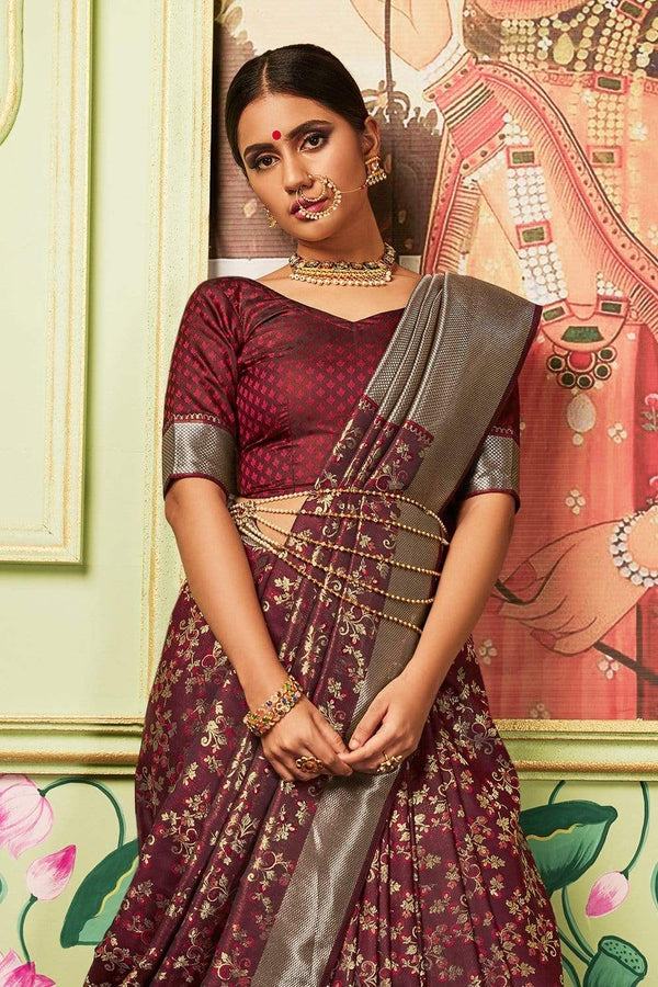 Brown Maroon Zari Woven Banarasi Silk Saree