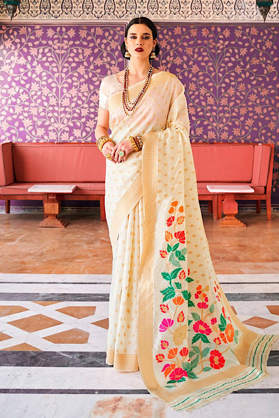 Cream Fancy Banarasi Saree