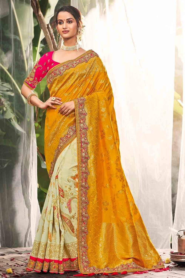 Exclusive Mustard Half White Banarasi Embroidered Blouse Silk Saree