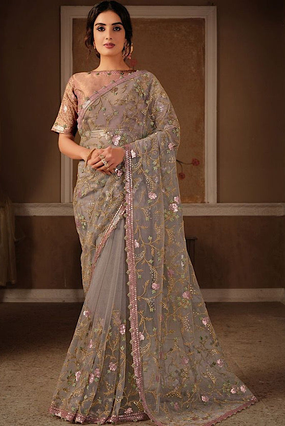 Greyish Pink Designer Net Saree