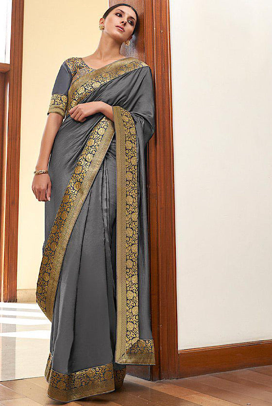 Grey Woven Banarasi Silk Saree With Embroidered Brocade Blouse