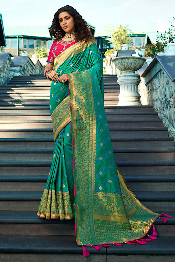 Pearl Green Woven Silk Saree With Heavy Embroidery Blouse