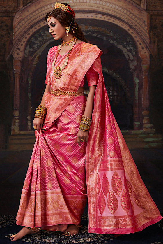 Beautiful Pink Woven Banarasi Silk Saree