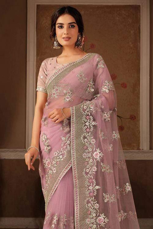 Pastel Pink Net Designer Saree with Zari Resham & Swarovski Work