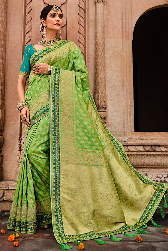 Parrot Green Embroidered Blouse Banarasi Saree