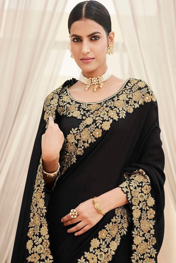 Black Designer Satin Georgette Saree With Embroidered Blouse