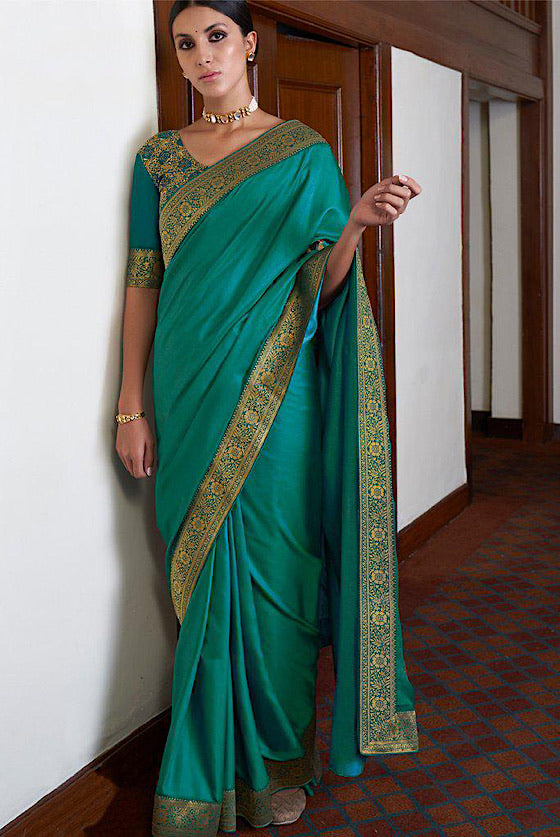 Peacock Green Banarasi Silk Saree With Embroidered Brocade Blouse