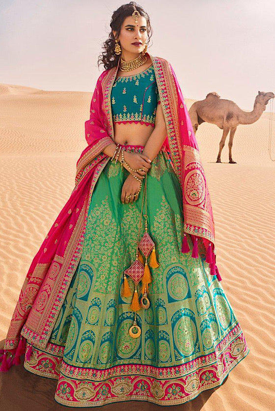 Emerald Green Embroidered Banarasi Silk Lehenga Choli .