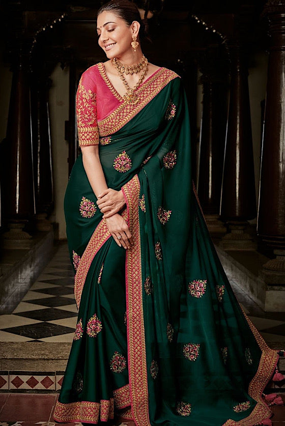 Dark Green Designer Embroidered Blouse Saree