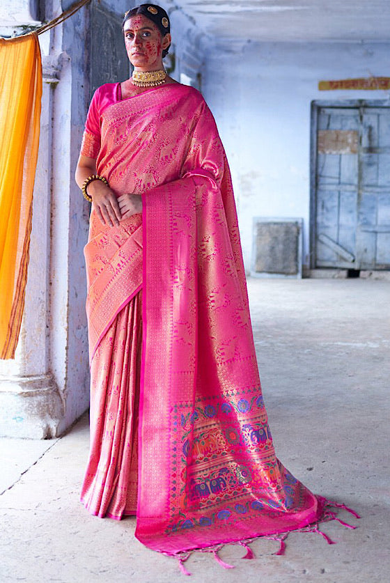 Pink Zari Woven Kanjivaram Silk Saree