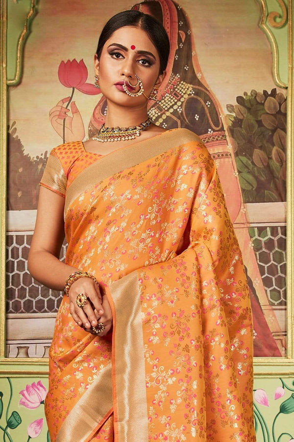 Light Orange Zari Woven Banarasi Silk Saree