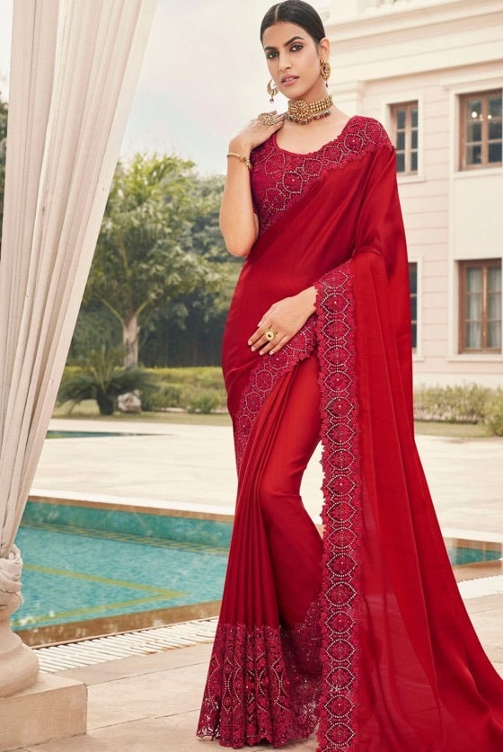 Cherry Red Designer Satin Georgette Saree with Embroidery Blouse