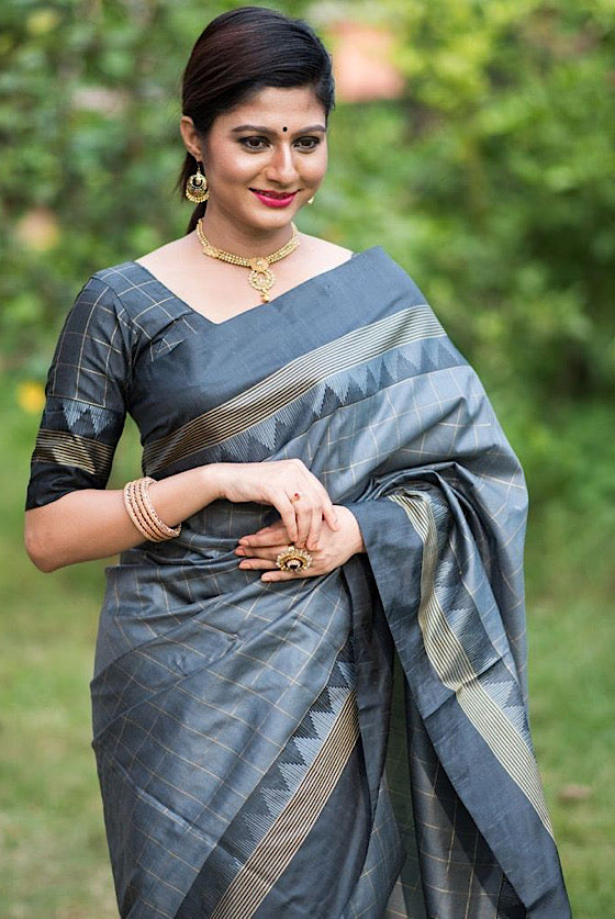 Slate Grey Raw Silk Saree With All Over Zari Checks