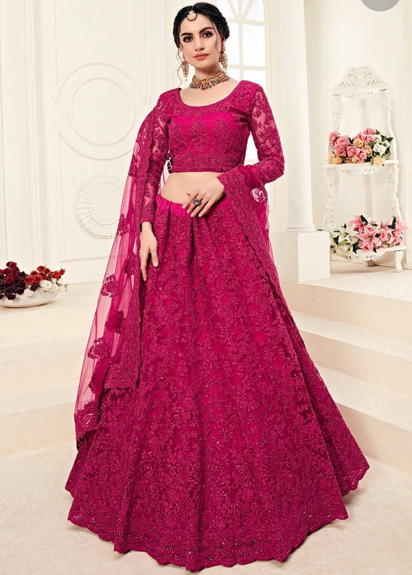 Pink Embroidery Heavy Net Lehenga