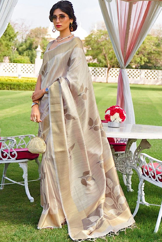 Cream Woven Banarasi Chanderi Fusion Silk Saree