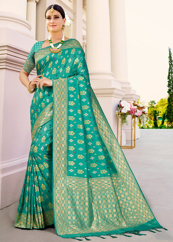 Teal Green Zari Woven Banarasi Silk Saree