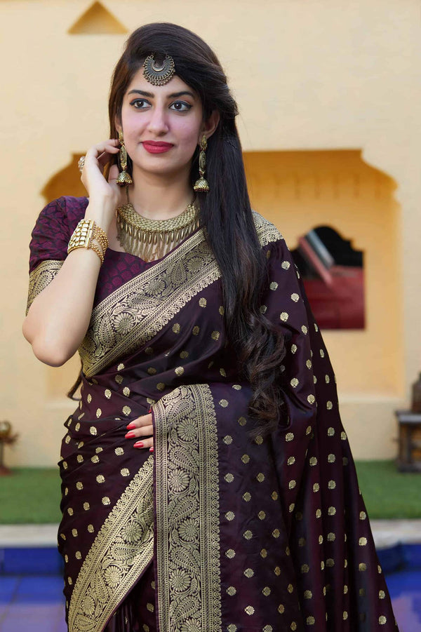 Wine Purple Zari Woven Satin Katan Banaras Saree