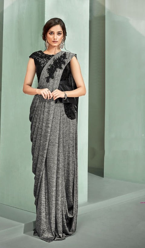 Stunning Black Grey Readymade Saree