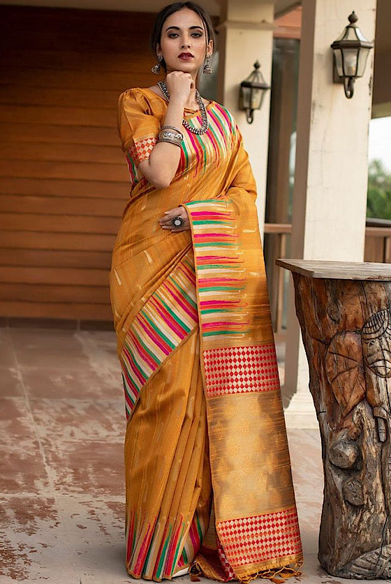 Mustard Yellow Exclusive Tussar Silk Saree