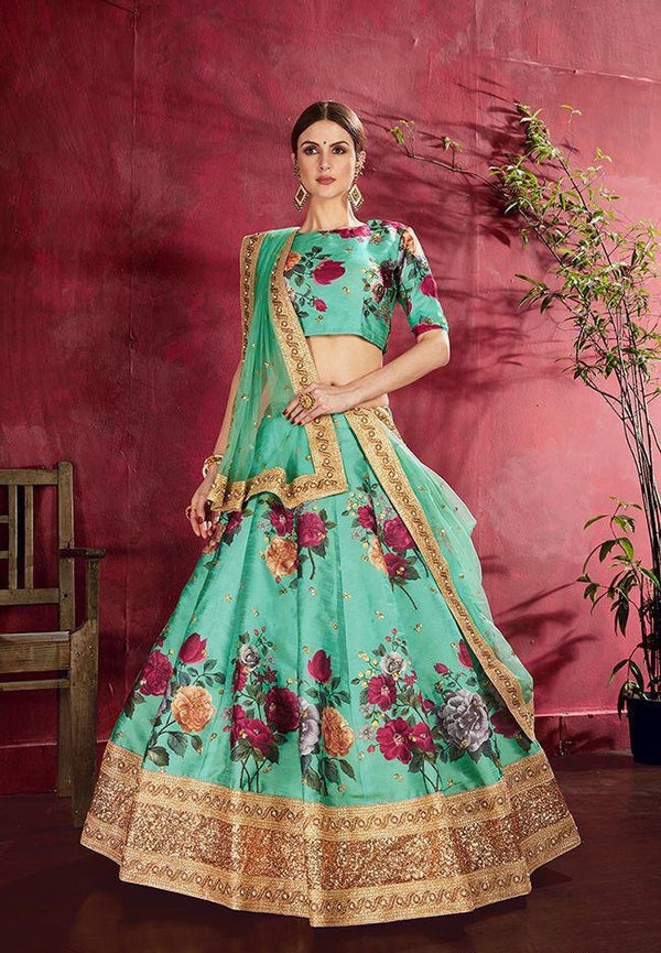 Beautiful Sea Green Floral Silk Lehenga to celebrate Wedding..