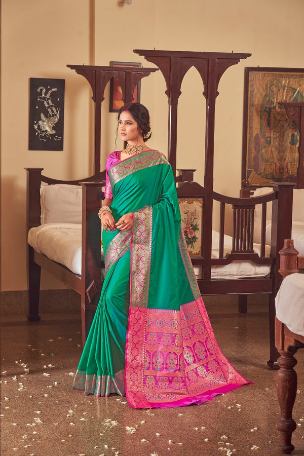 Rama Green Colour & Rani Pink colour Soft Silk With Heavy Pallu