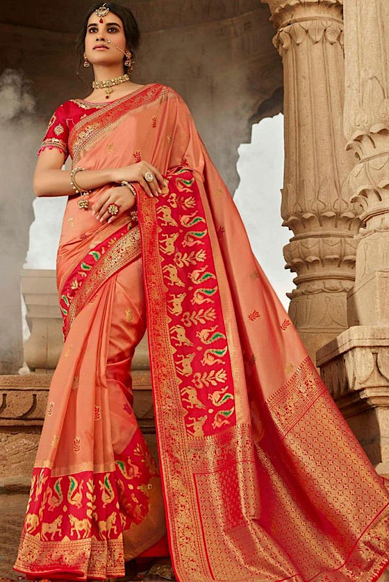 Coral Pink Zari Woven Banarasi Saree With Embroidered Blouse