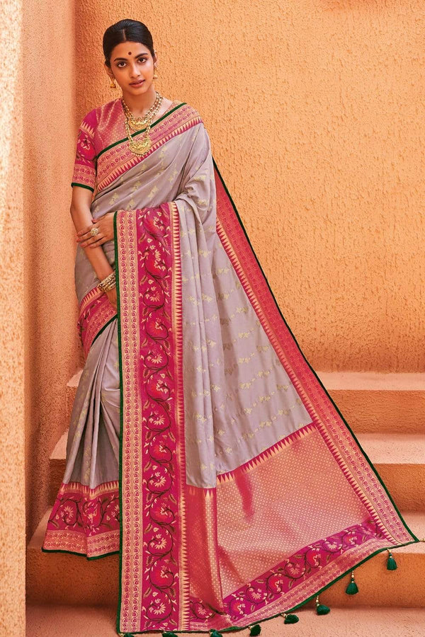 Grey Zari  Woven Paithani Silk Saree