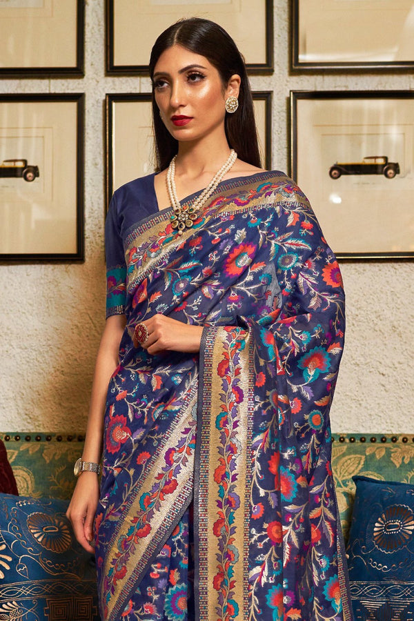 Space Blue Jamewar Banarasi Cotton Silk Saree