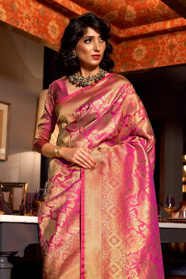 Punch Pink Printed Kanjivaram Saree