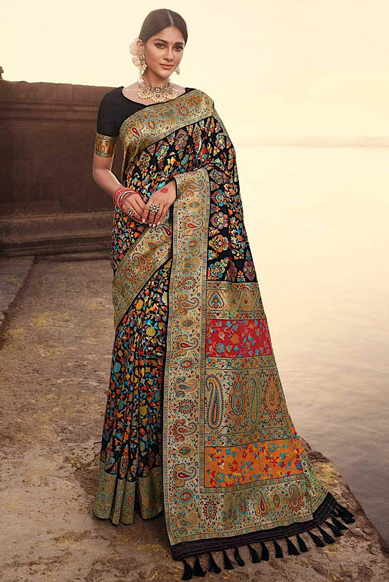 Midnight Black Multicoloured Zari Woven Kashmiri Silk Saree