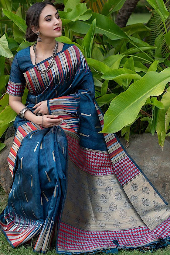 Space Blue Exclusive Tussar Silk Saree