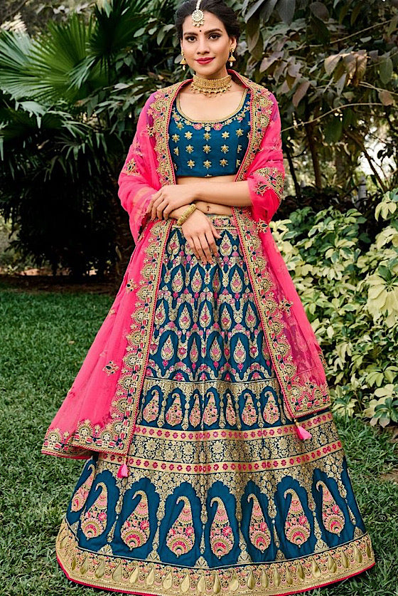 Blue & Pink Banarasi Silk Lehenga Choli