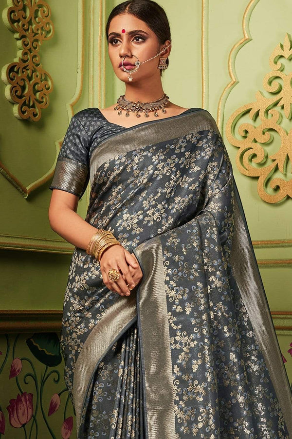 Steal Grey Zari Woven Banarasi Silk Saree