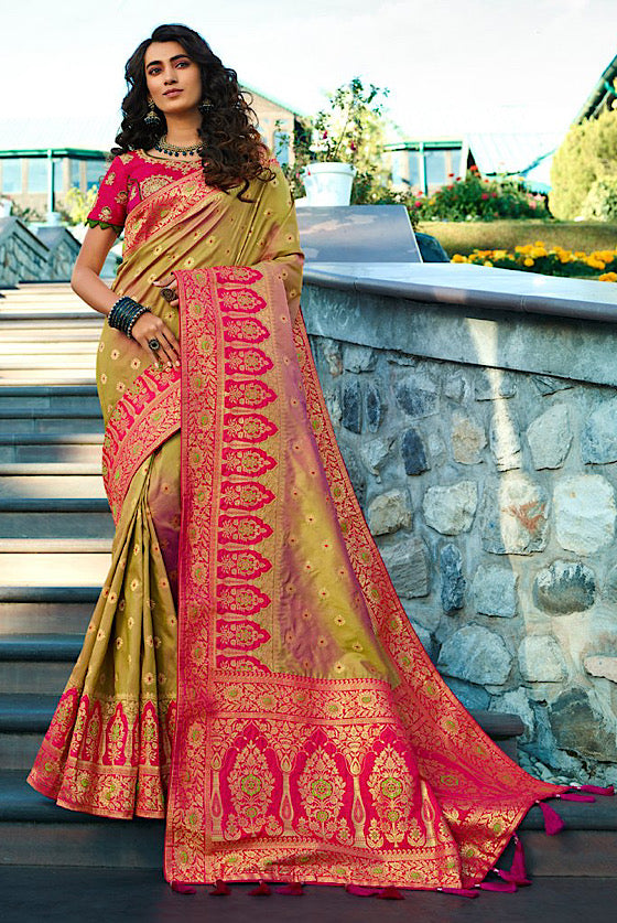 Olive Green Woven Silk Saree With Heavy Embroidery Blouse