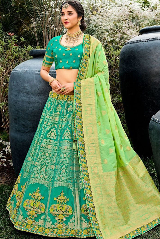 Turquoise Green Banarasi Silk Lehenga Choli